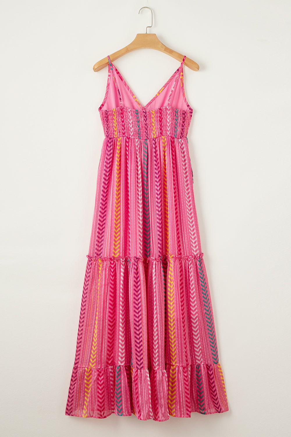 Pink chevron stripe tiered maxi dress with cami straps and smocked bodice.