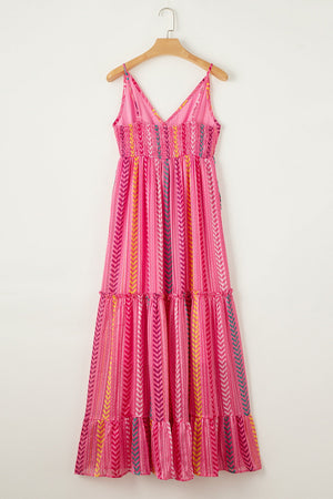 Pink chevron stripe tiered maxi dress with cami straps and smocked bodice.