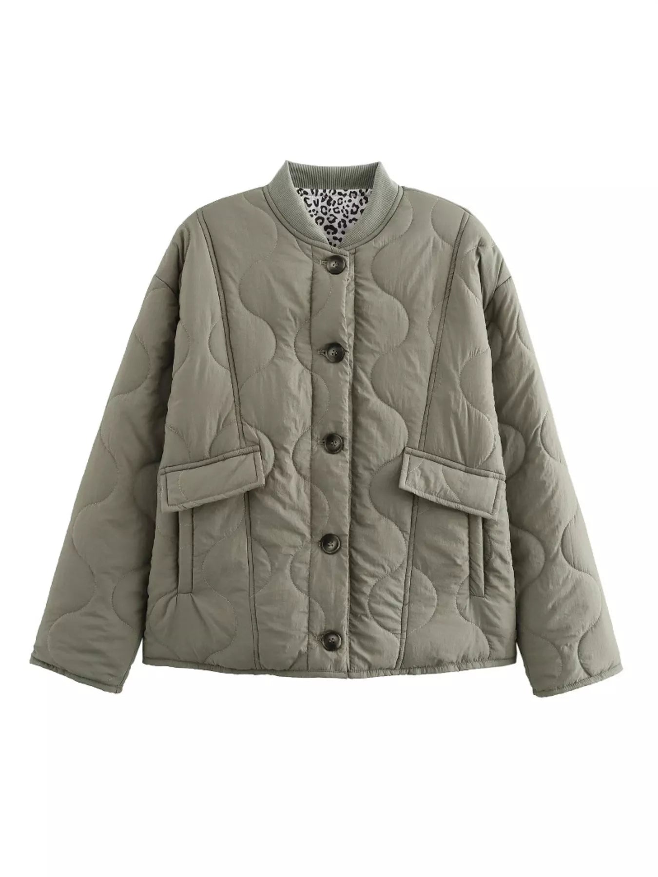Moss green quilted button-down jacket with leopard print lining and chest pockets.