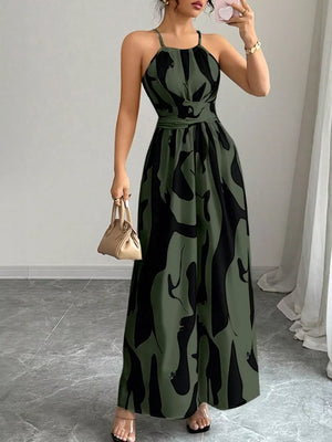 Army green halter neck maxi dress with abstract print and tie waist