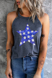 Graphic star halter tank top in dark gray with a blue and white star graphic.