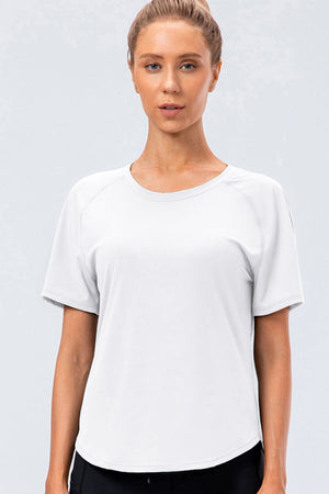 White performance raglan crew neck tee with short sleeves