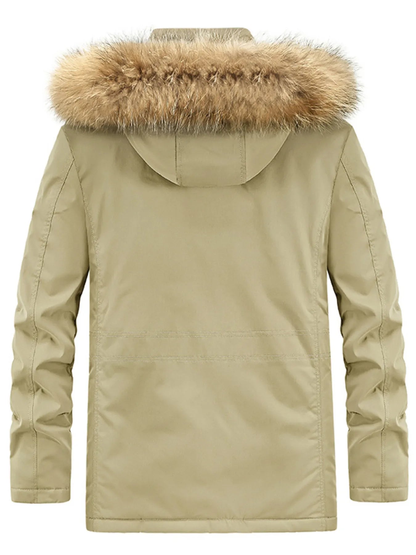 Khaki hooded parka with fur trim, long sleeves, and casual style.