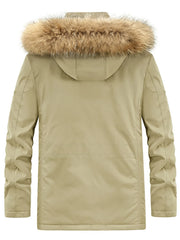 Khaki hooded parka with fur trim, long sleeves, and casual style.