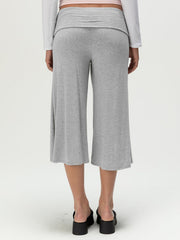 Relaxed wide leg capris in light gray jersey with a foldover waistband.