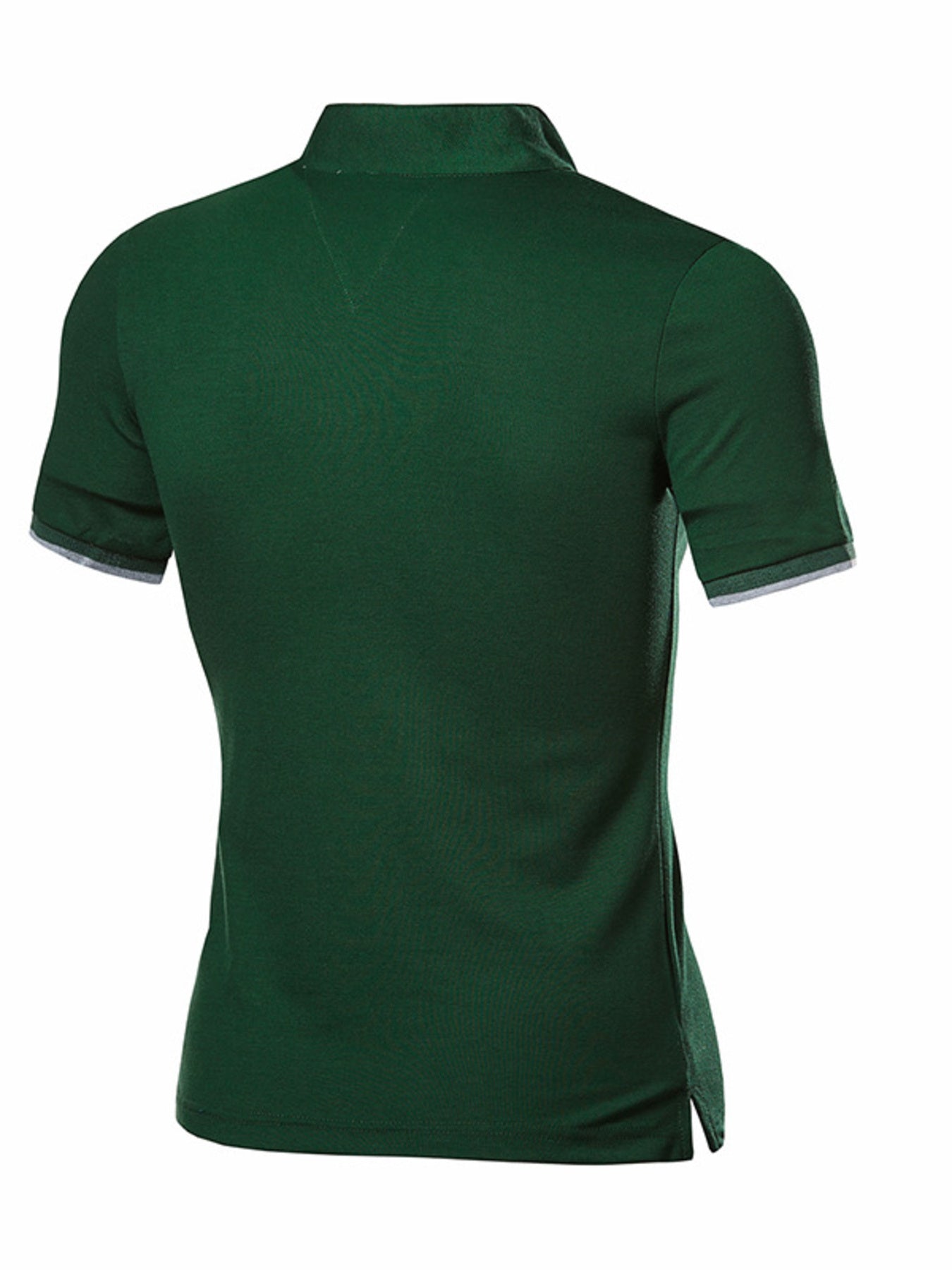 Men's green cotton polo shirt with short sleeves and grey trim.