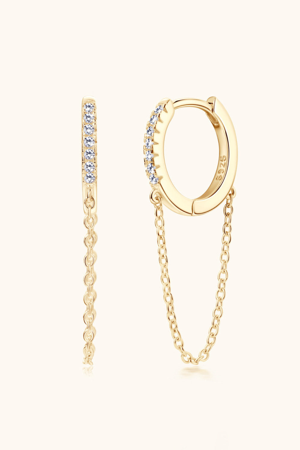 Gold chain pavé huggie earrings with dangling chain detail
