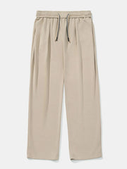 Khaki oversized drape-front lounge trousers with drawstring waist and wide leg