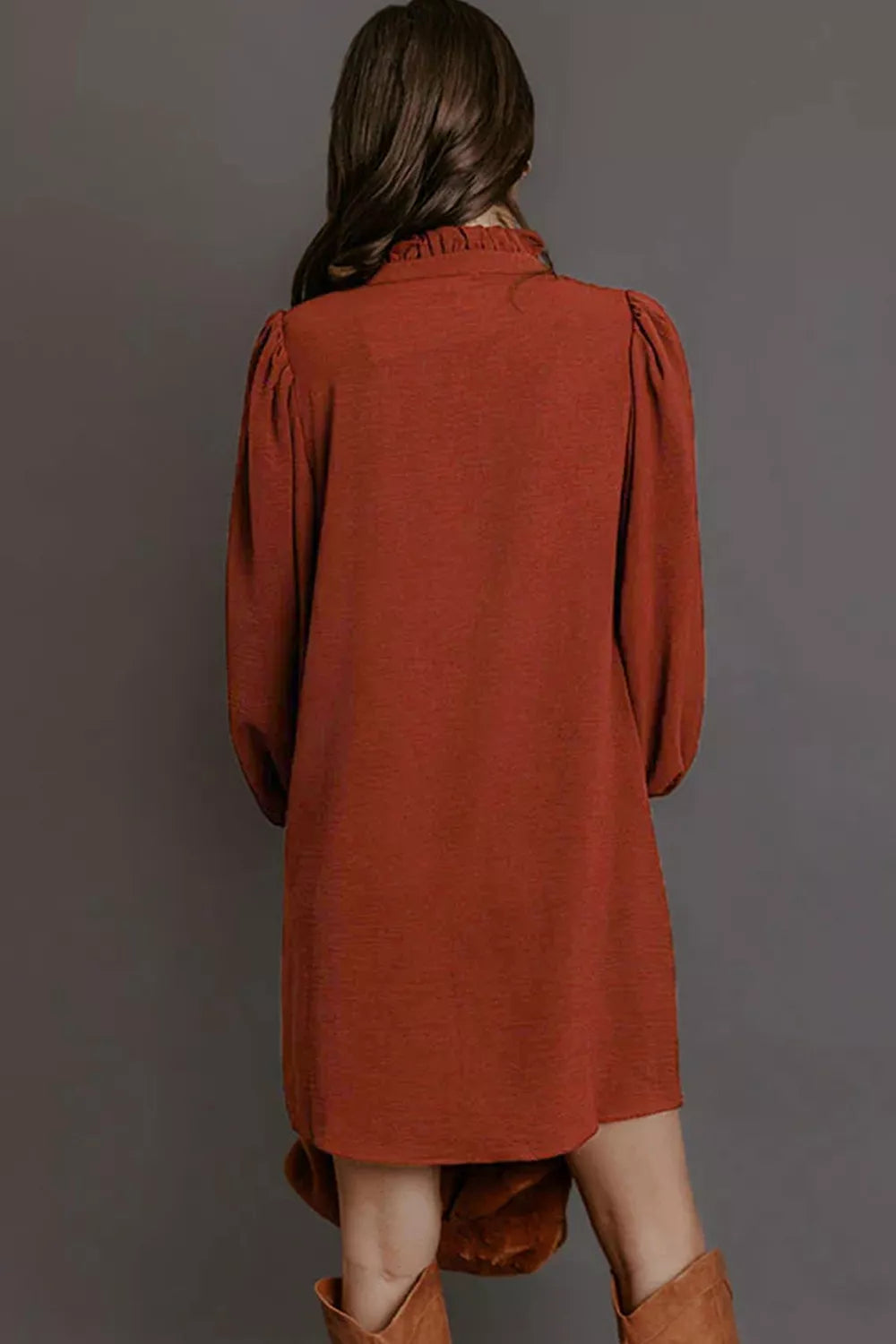 Solid Shift Long Sleeve Short Dress in Burgundy, side view