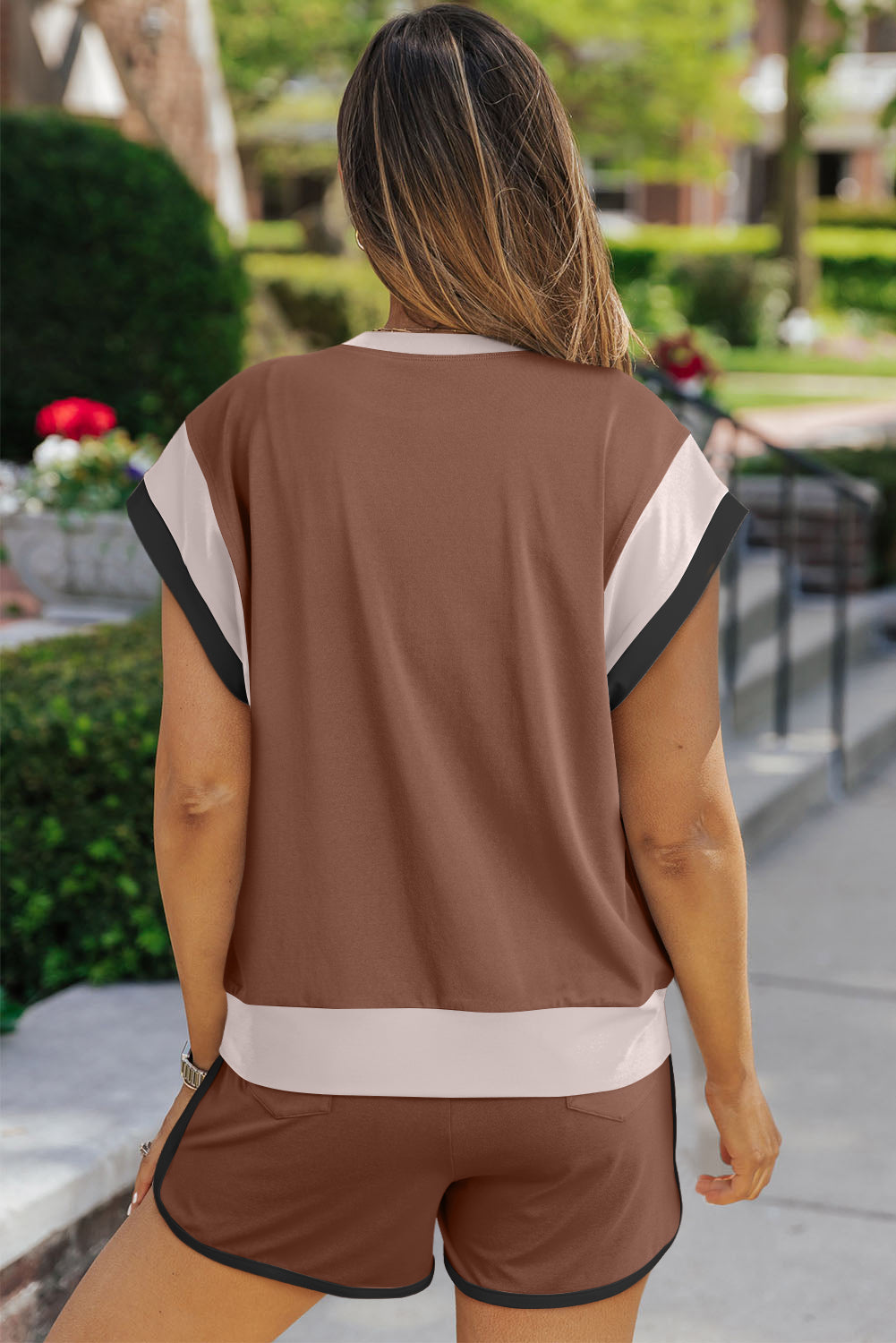 Mocha colorblock loungewear set with contrast trim on sleeves and shorts.