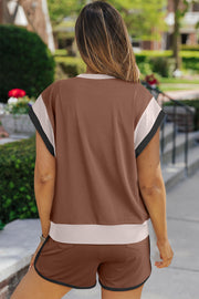 Mocha colorblock loungewear set with contrast trim on sleeves and shorts.