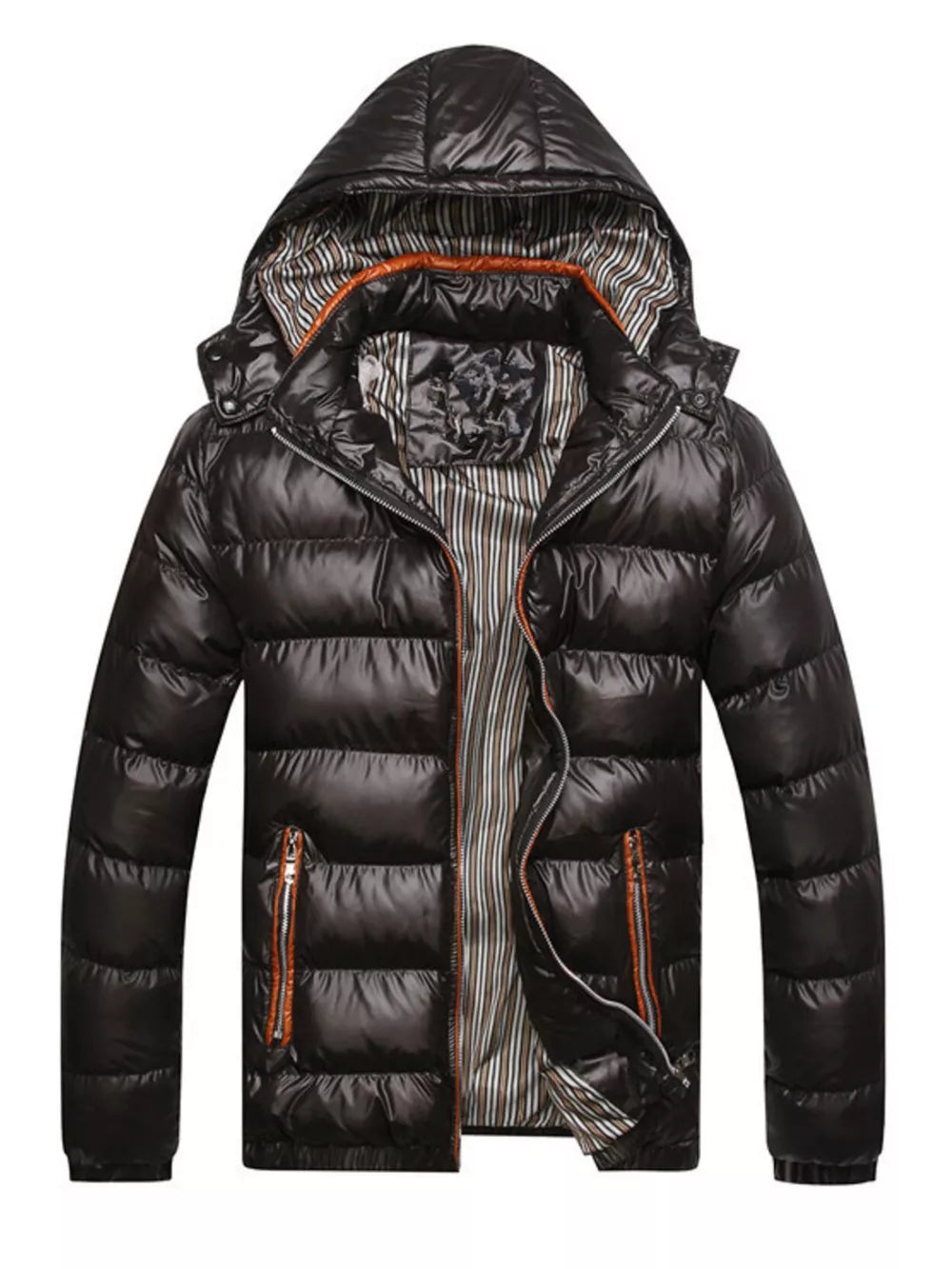 Black hooded puffer jacket for men with orange zipper accents and striped lining.