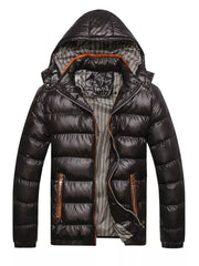 Black hooded puffer jacket for men with orange zipper accents and striped lining.