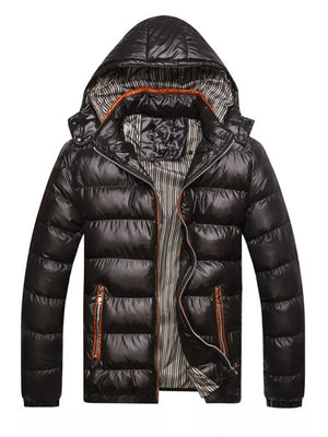 Black hooded puffer jacket for men with orange zipper accents and striped lining.