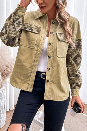Corduroy jacket in chartreuse with Aztec print sleeves and chest pockets.