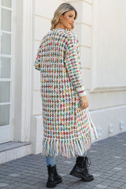 Chromatic crochet maxi cardigan with fringe detail in Multi color.
