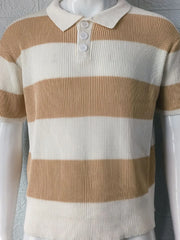Brown and white striped ribbed knit polo shirt with short sleeves and a button placket.