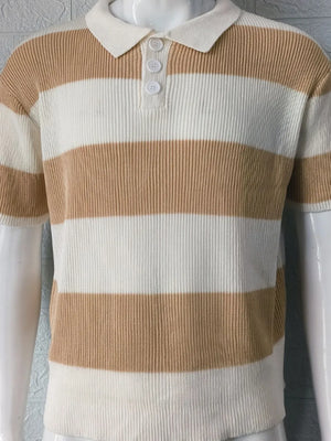 Brown and white striped ribbed knit polo shirt with short sleeves and a button placket.
