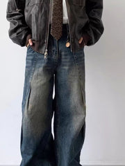 Men's blue vintage wash wide leg jeans with distressed details and a relaxed fit.