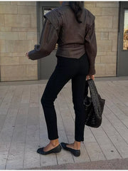Belted Leather Jacket With Shawl Collar in Dark Brown, alternate angle