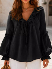Ruffled Tie Front Flounce Sleeve Blouse in Blush Pink, alternate angle