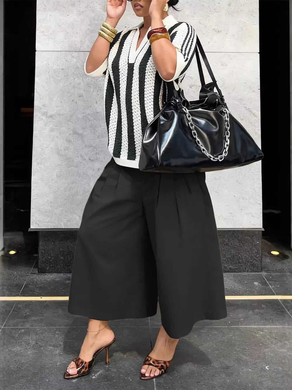 Wide-leg Cropped Pants in Black, model styling view