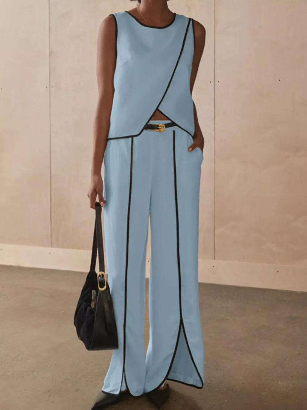 Sleek Contrast Trim Top And Wide-leg Pants Set