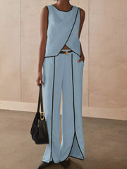 Sleek Contrast Trim Top And Wide-leg Pants Set