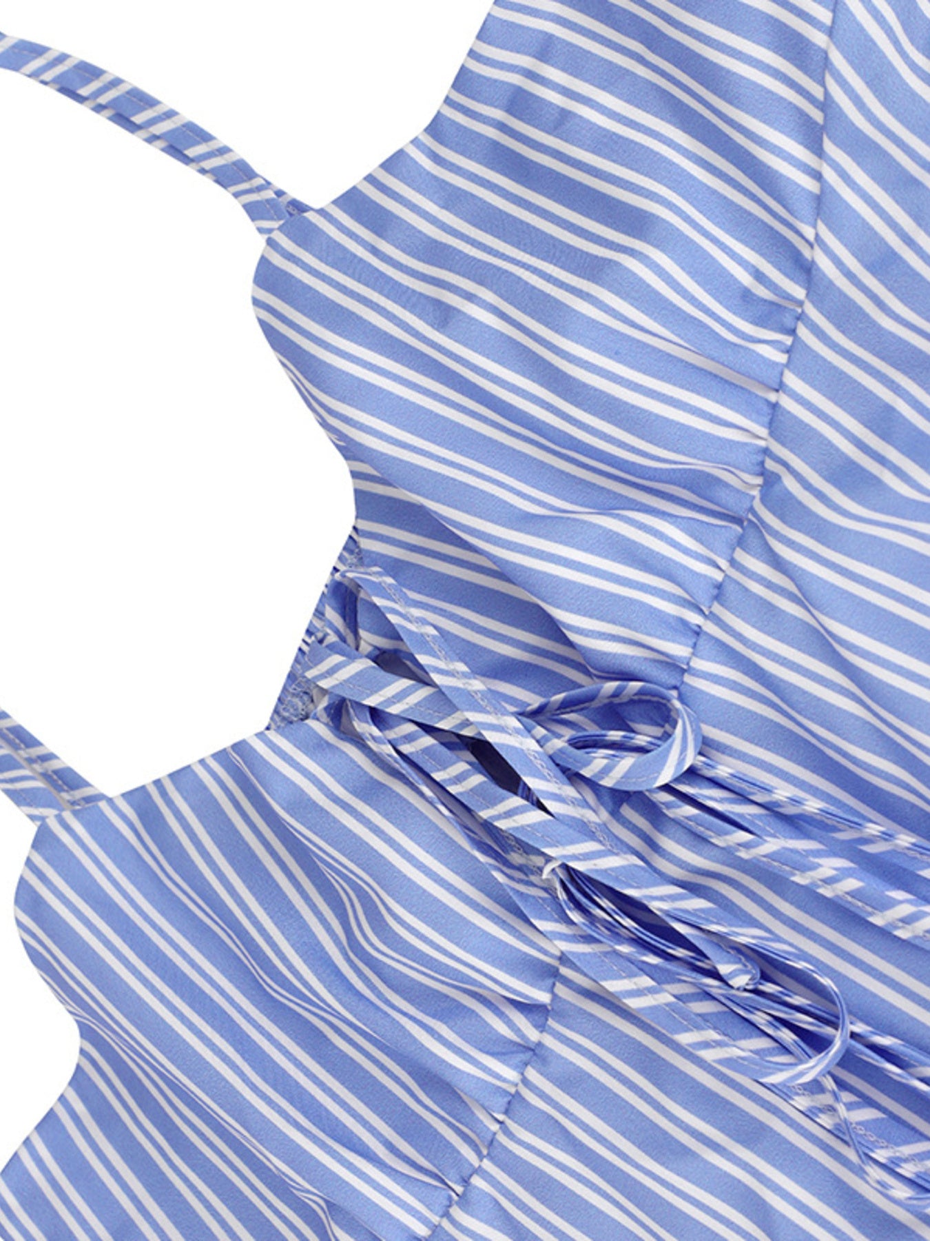 Blue and white striped peplum cami with tie-front detail and adjustable straps.