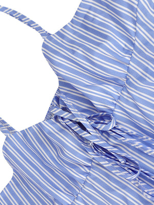 Blue and white striped peplum cami with tie-front detail and adjustable straps.