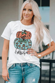 White t-shirt with stacked leopard print pumpkins and "hello fall" graphic