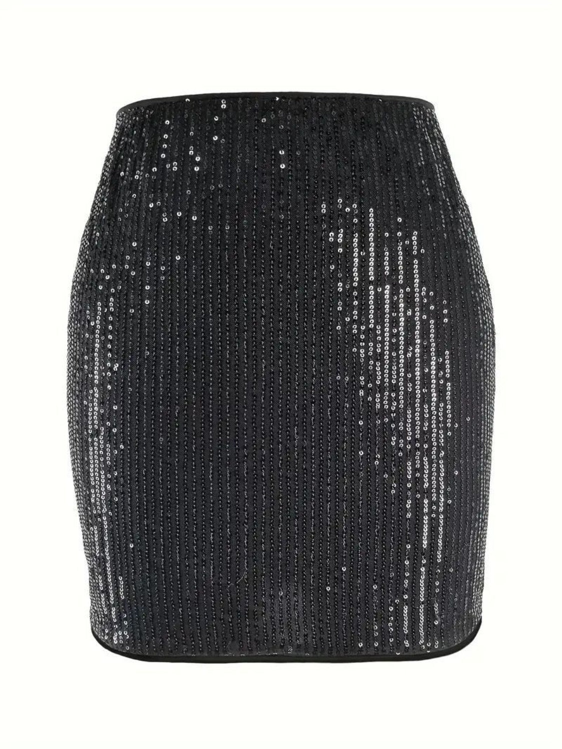 Black sequin mini skirt with a sculpted fit and vertical sequin pattern.
