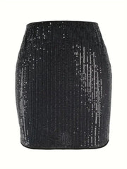 Black sequin mini skirt with a sculpted fit and vertical sequin pattern.