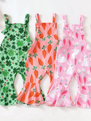 Baby overalls in green clover, pink carrot, and pink bunny prints with flare legs.