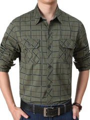 Plus-size casual long-sleeve shirt in army green plaid with buttoned chest pockets.