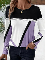 Geometric panel long sleeve t-shirt in black, white, and lavender with chevron detail.