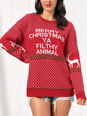 Red Christmas sweater with white polka dots, deer, and "Merry Christmas Ya Filthy Animal" text.