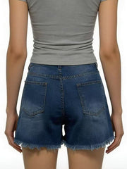 Dark blue denim shorts with frayed hem and distressed details.