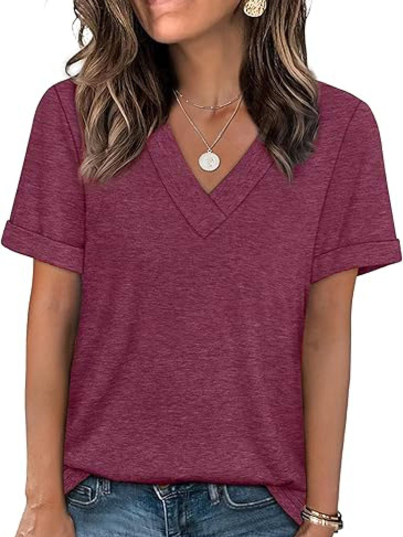 Wine Red V-neck t-shirt with cuffed short sleeves and a relaxed fit.