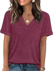 Wine Red V-neck t-shirt with cuffed short sleeves and a relaxed fit.