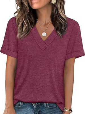 Wine Red V-neck t-shirt with cuffed short sleeves and a relaxed fit.