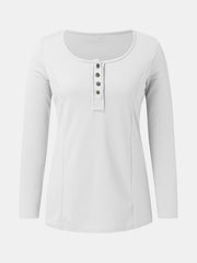 White ribbed henley scoop neck top with button detail