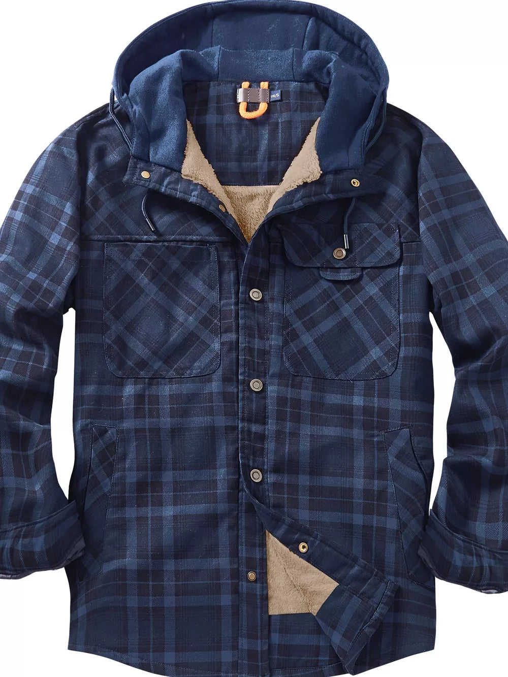 Men's blue plaid flannel hooded jacket with sherpa lining and buttoned pockets.