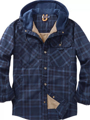 Men's blue plaid flannel hooded jacket with sherpa lining and buttoned pockets.