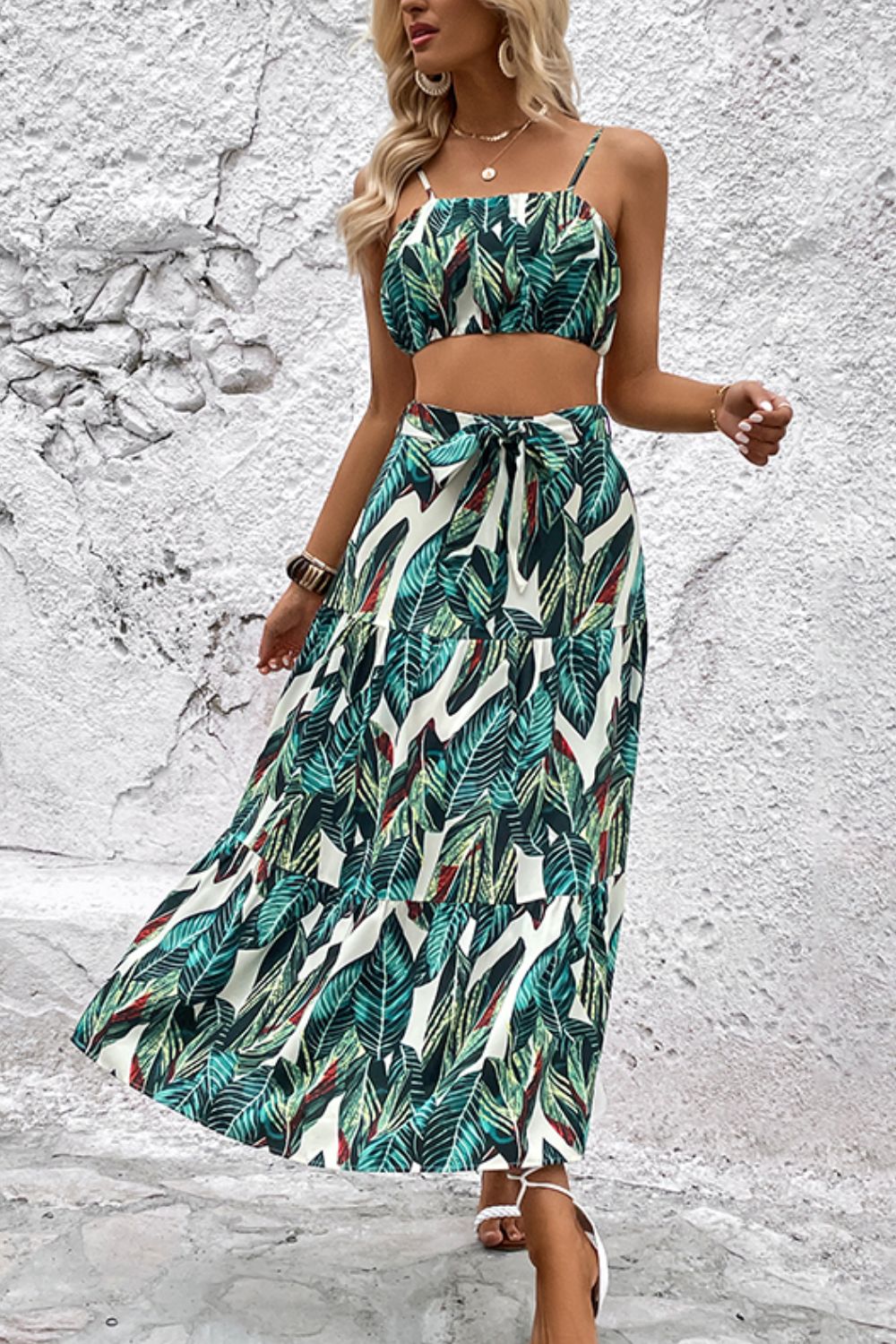 Tropical leaf print cami crop top and tiered maxi skirt set with tie waist