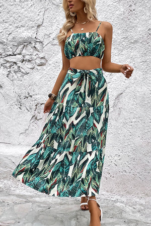 Tropical leaf print cami crop top and tiered maxi skirt set with tie waist
