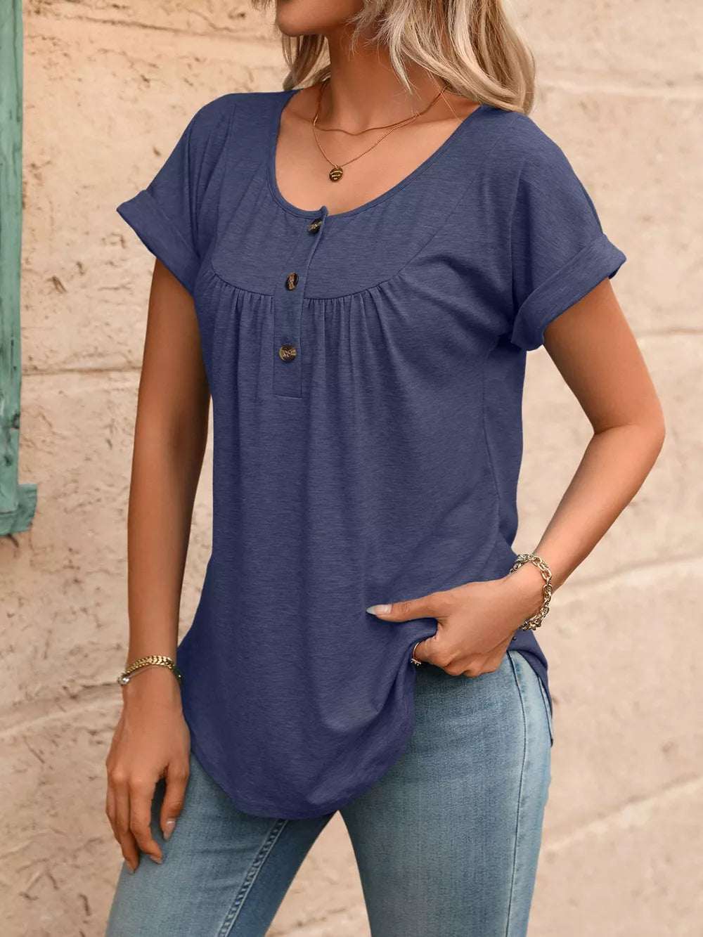 Navy relaxed henley maternity t-shirt with button detail and cuffed short sleeves