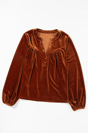 Brown velvet henley blouse with gathered details and button placket
