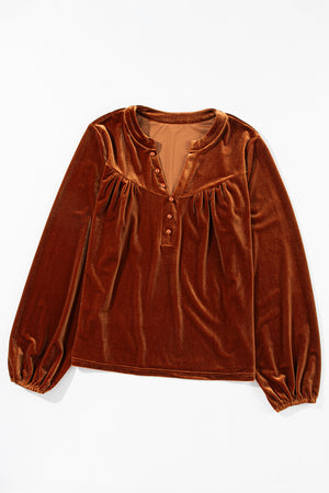 Brown velvet henley blouse with gathered details and button placket