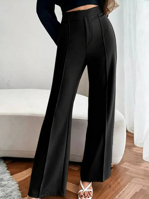 Black high-waisted flare maternity pants with front seam detail